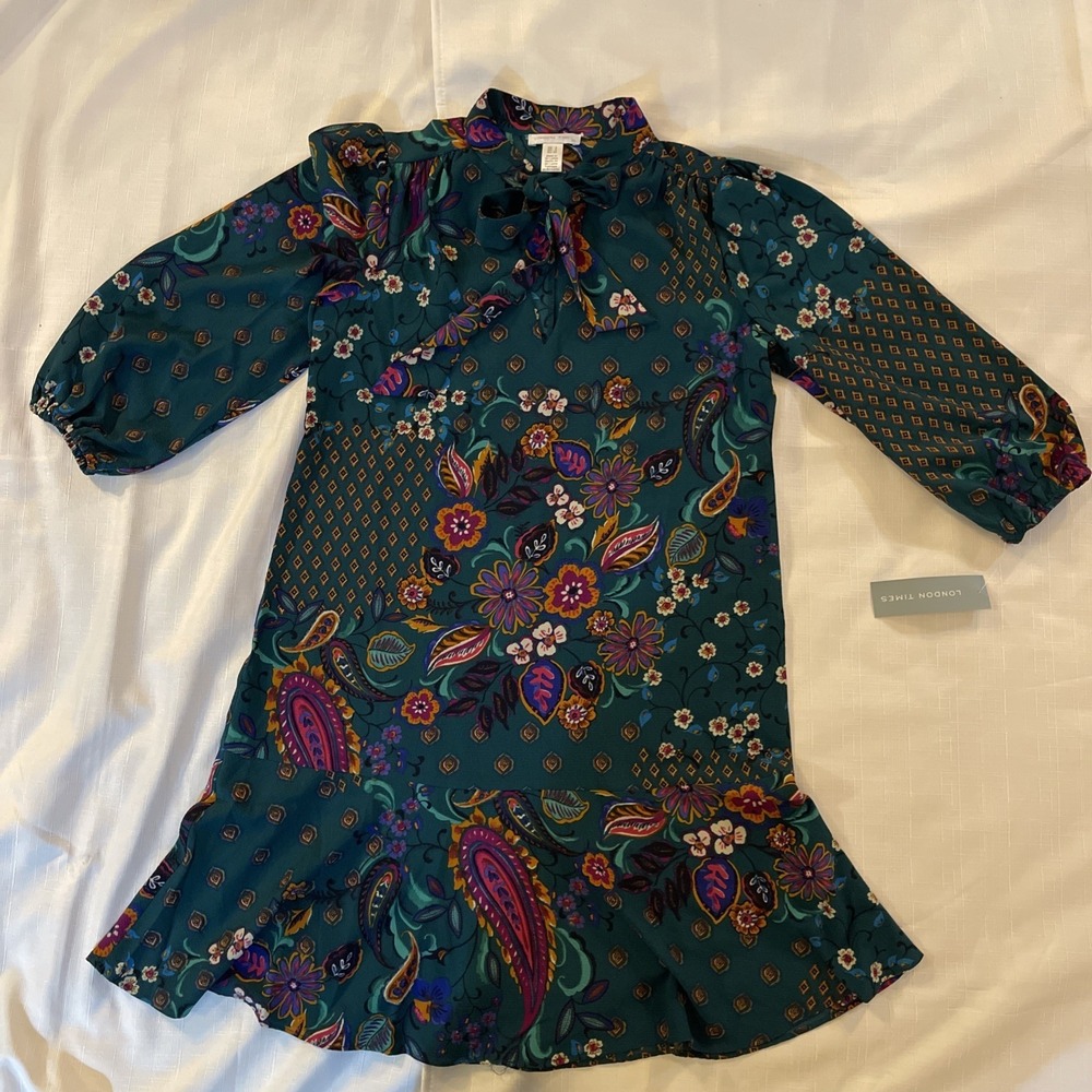 NWT London Times Teal Floral & Paisley Dress Midi Length Boho